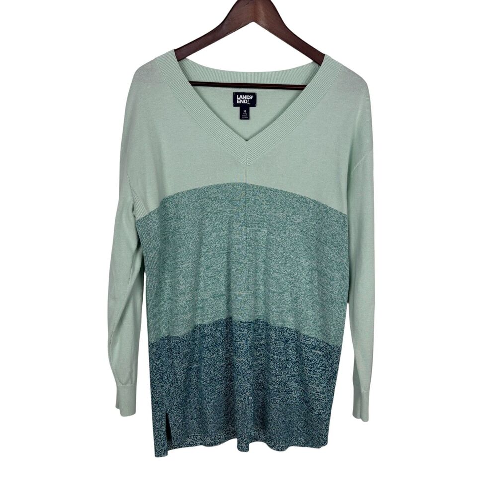 Lands' End Striped Colorblock Blue Green V-Neck Tunic Sweater Women's Medium